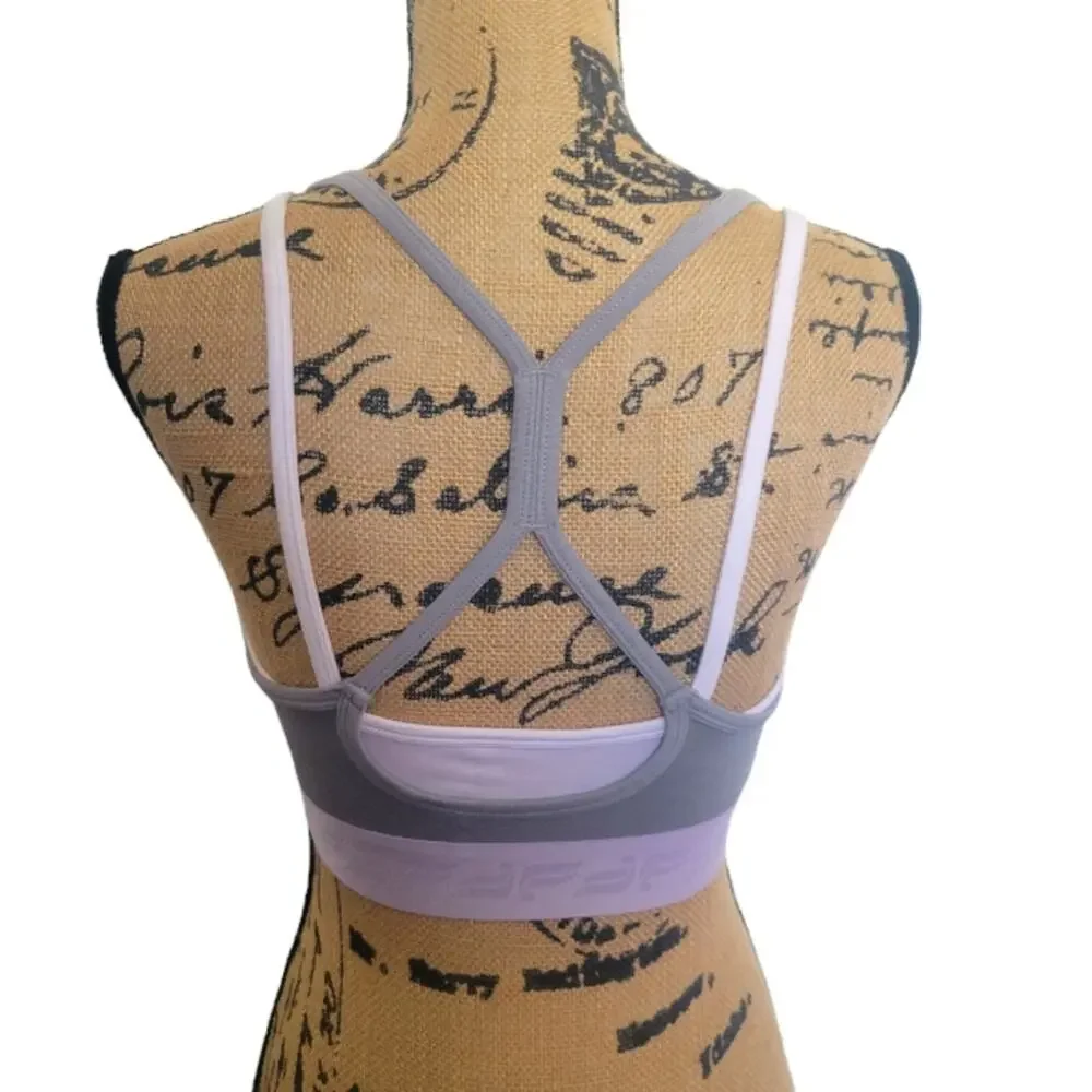 XS Fabletics layered strappy gray white & lavender athletic sports bra